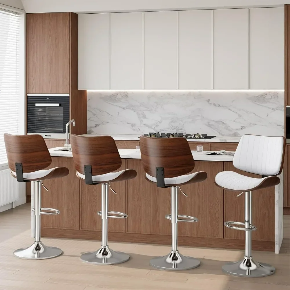 Swivel Bar Stools Set of 4, Adjustable Bentwood Barstools, Modern PU Leather Upholstered Bar Chair with Back and Footrest