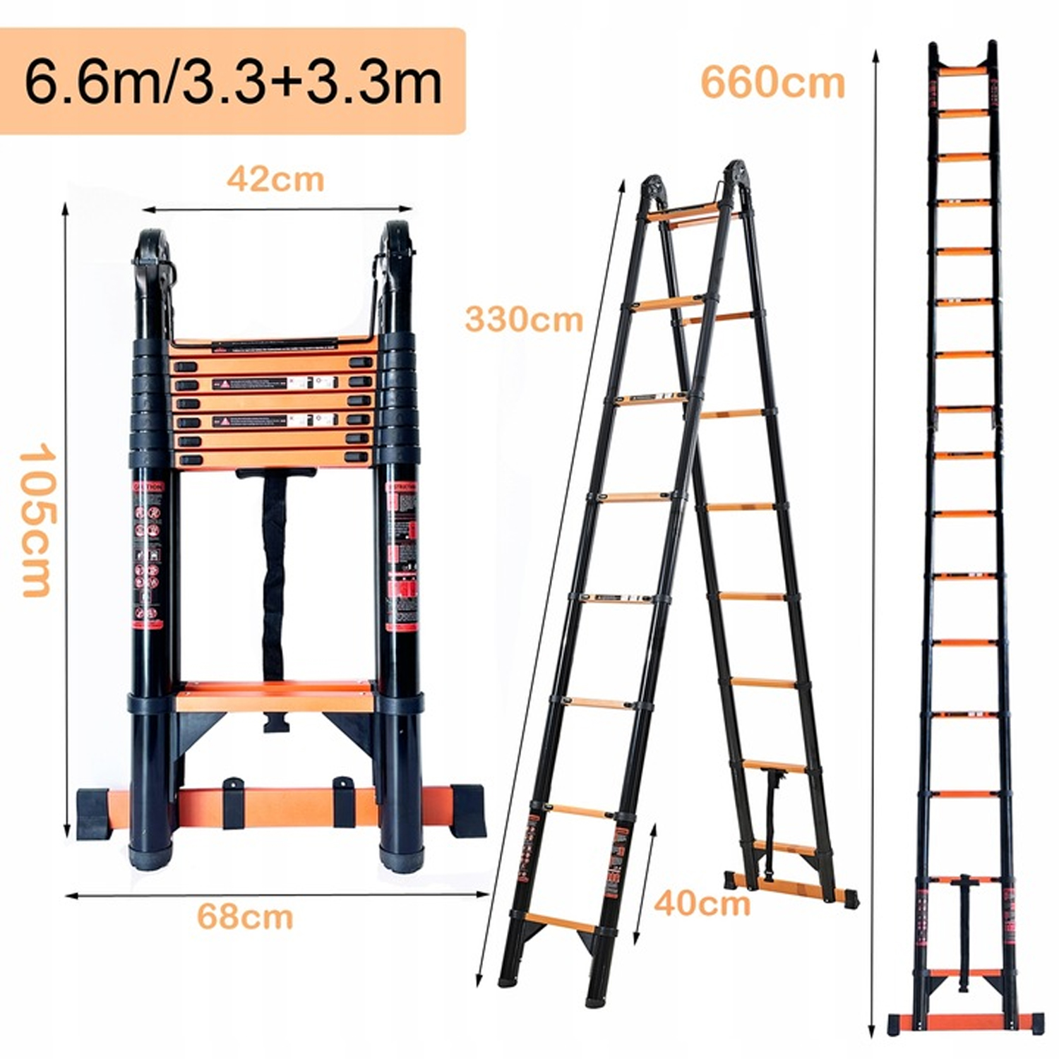Telescopische ladder 5,8 m/6,6 m Koolstofstaal 19/22ft A-frame Opvouwbare draagbare multifunctionele ladder met EN131 gecertificeerde belasting 150 kg