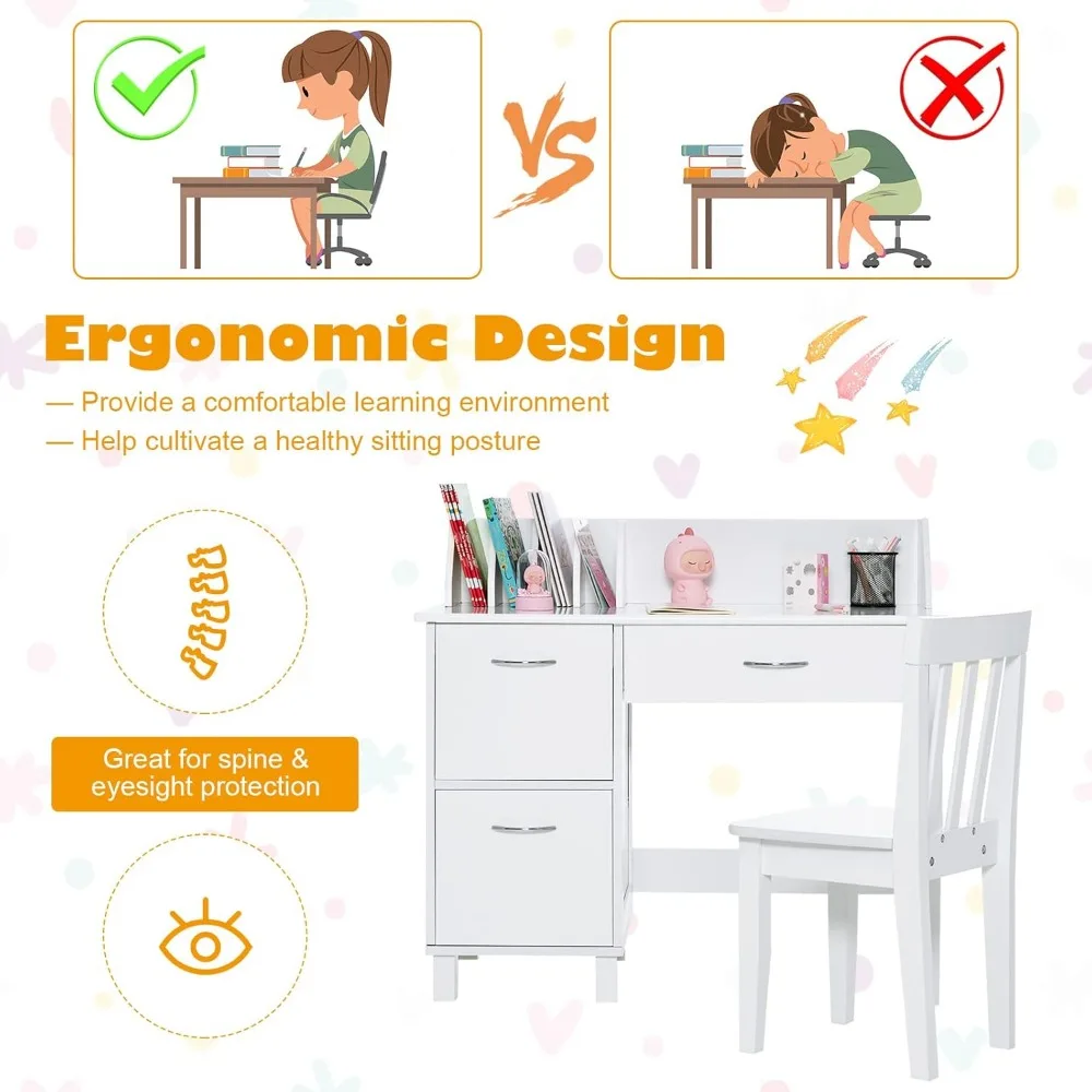 Kids Desk and Chair Set, Wooden Children School Study Table and Chair w/Drawer, Storage Shelf & Cabinets