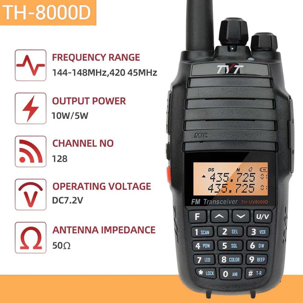 TYT TH-UV8000D High Power 10W Dual Band Handheld Transceiver 10KM Amateur Two Way Radio Cross-band Repeater Function FM Radio