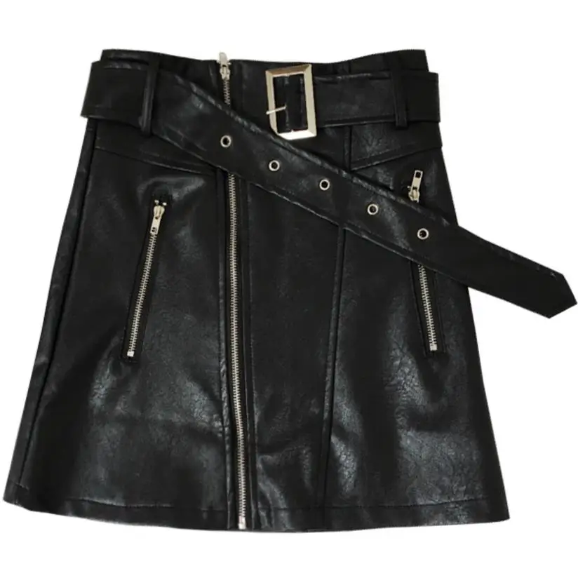 Rok Kulit PU Musim Gugur Musim Dingin Rok Mini Wanita Rok A-line Pinggang Tinggi Ritsleting Ganda Hitam