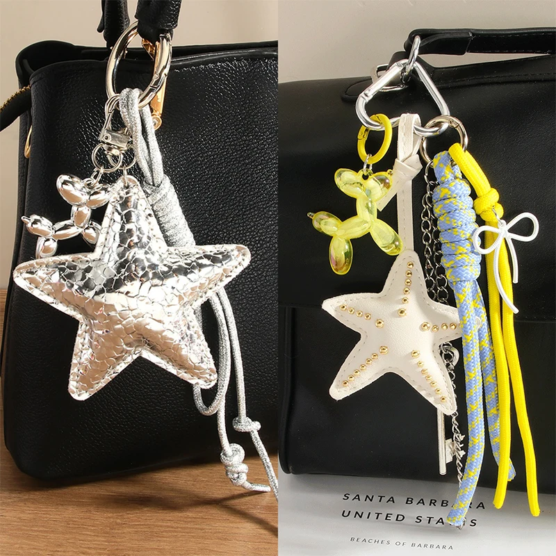 2025 New Leather Starfish Bag Charm Cute Leopard Bear Rainbow Decorative Keychain Decoration Fashion Braided Rope Bag Accessorie