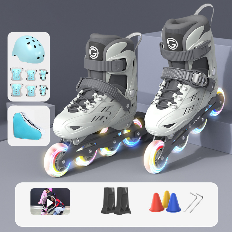 Inline-Rollschuhe mit Helm, Ellenbogen und Knieschützern, Schuhtaschen-Set, Flash 4-Räder, Turnschuhe für Jungen und Mädchen, verstellbare Skateschuhe
