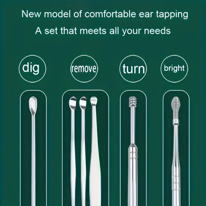 Conjunto de ferramentas para remoção de cera de ouvido, 6 peças, aço inoxidável, espiral, rotativa, colher selecionadora de orelha, para limpeza, coleta de cera de ouvido