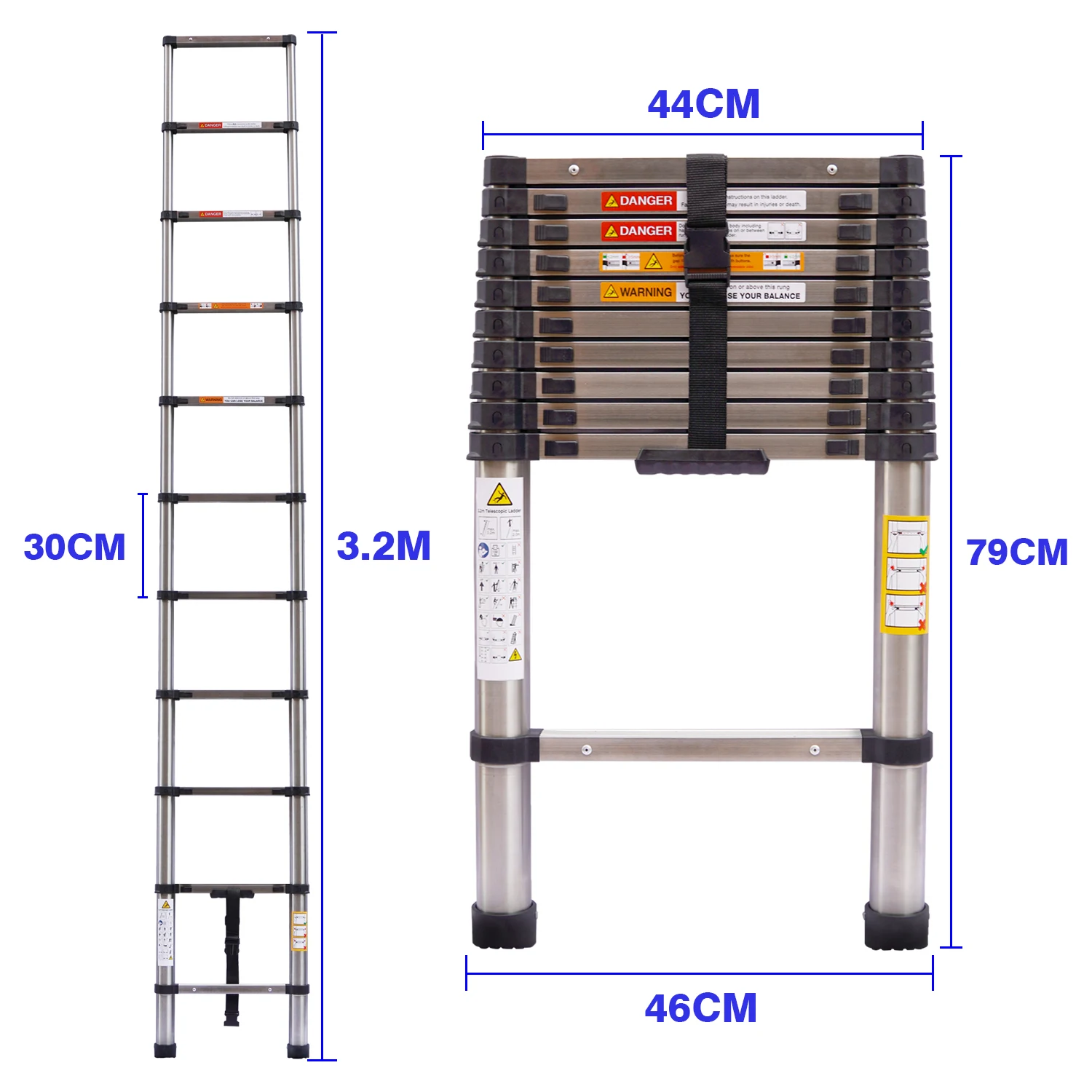 3.2M Telescopic Ladder 10.5FT Multi-Purpose Stainless Steel Telescoping Ladder Extendable Portable Sturdy Loft Ladder with EN131