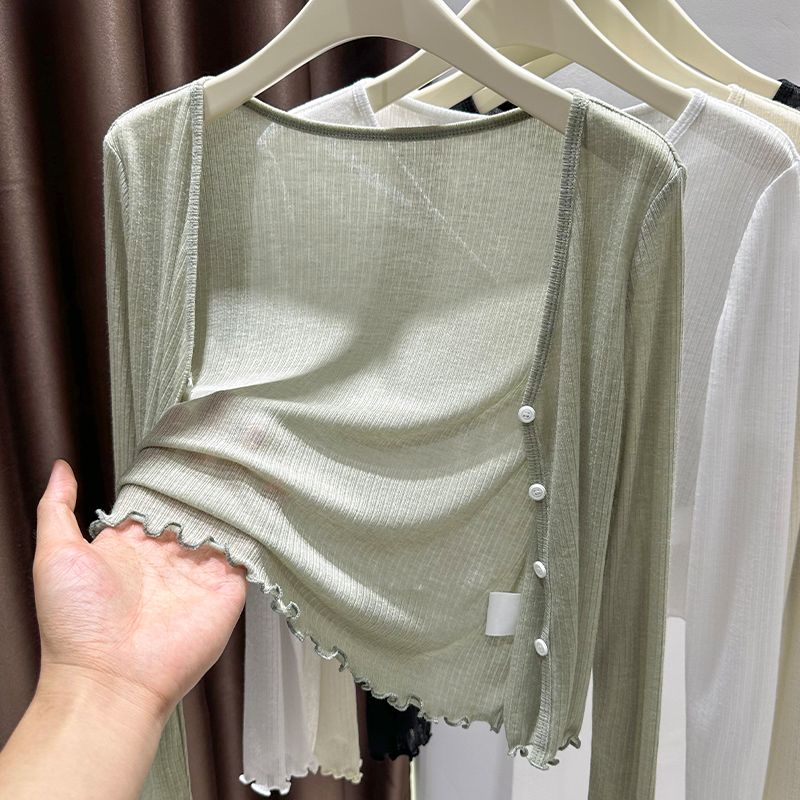 Cardigan F Plus Size de Seda Gelada Fina com Proteção Solar, Manga Curta, Estilo Csa Externa com Borda Efeito Madei...