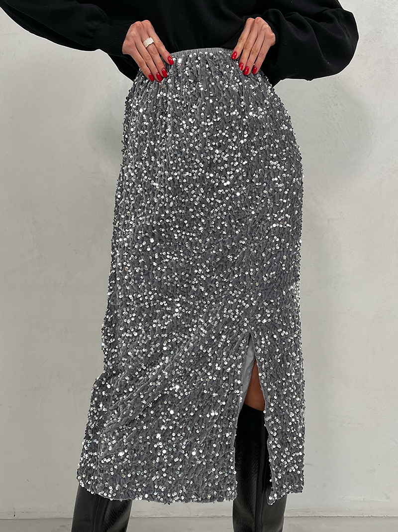 Elegante Weihnachten Pailletten Lange Abendkleider Hohe Taille Sexy Midi Rock Frauen Silber Schlitz Midi Pailletten Rock Für Frauen 2024