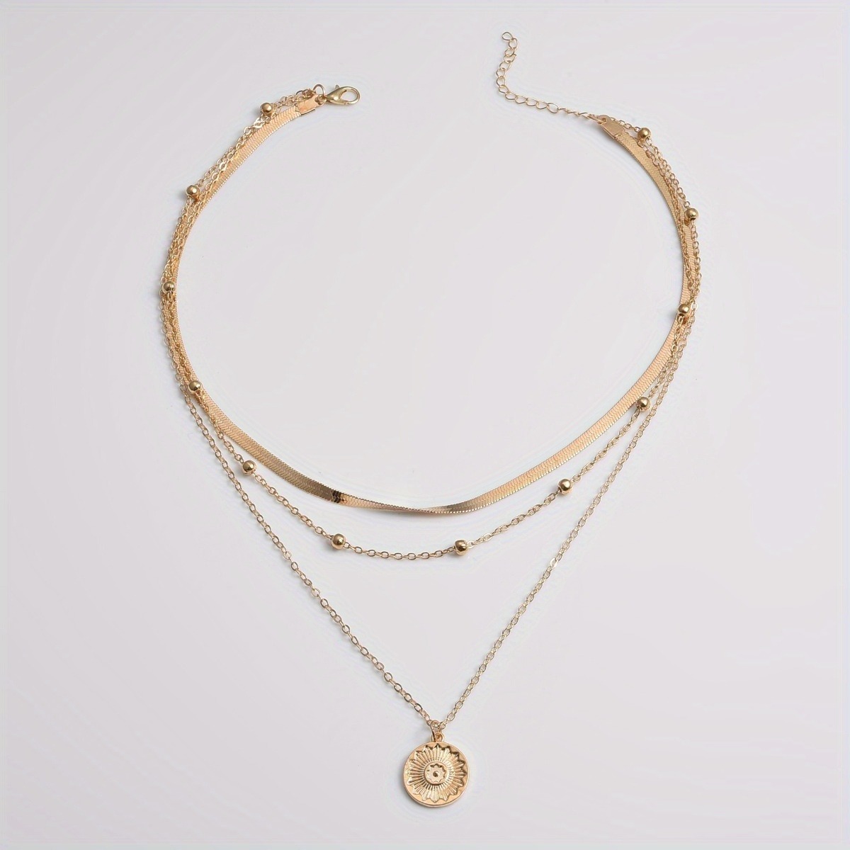 Collar de cadena multicapa, Material de aleación plateado, diseño de tres capas que combina con todo, cadena de hueso de serpiente para mujer con cadena de cuentas redondas