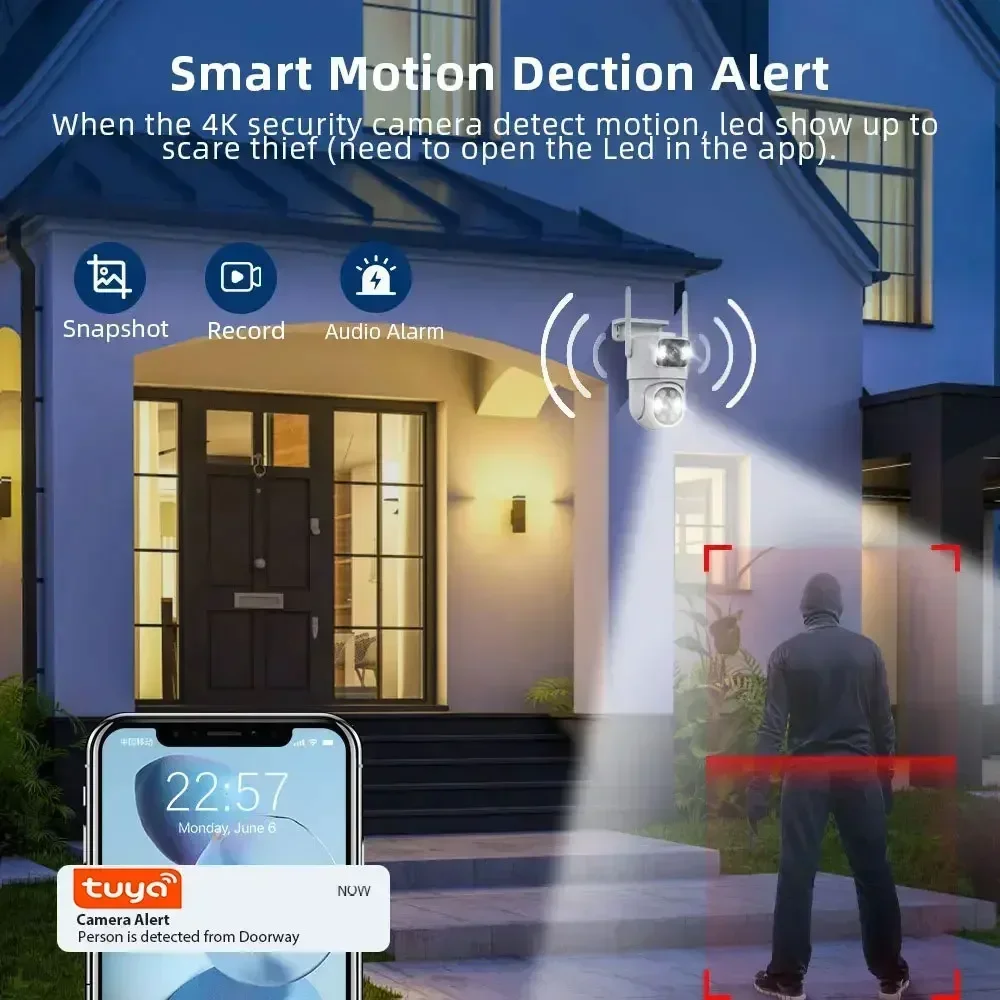 Cámara IP Tuya Wifi 8K con asistente de Google Alaxa Onvif NVR cámara de doble lente PTZ al aire libre 4K pantalla Dual seguimiento automático mod nocturno