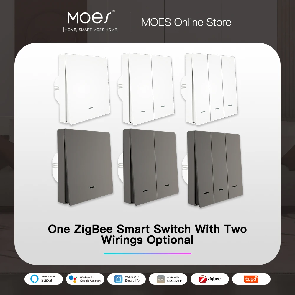 MOES Smart Lichtschalter Tuya ZigBee Kein Neutralleiter Kein Kondensator erforderlich Smart Life 2/3-Wege Funktioniert mit Alexa Google Home 2mqtt