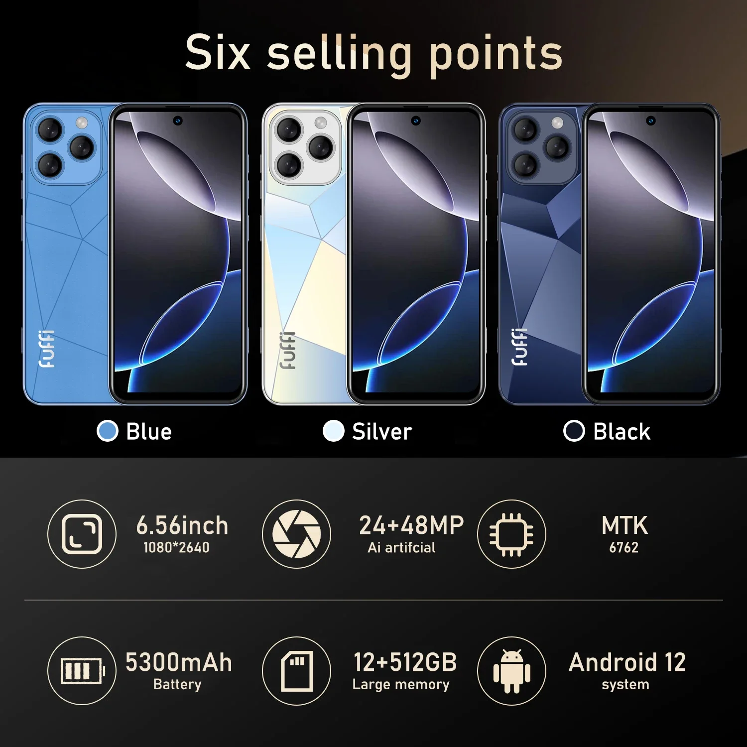 FUFFI A16 Pro Smartphone Cellphones Android 12 6.56 inch Screen,12+512GB,24+48MP,Mobile phone,5300mAh Google Play Store,Phone