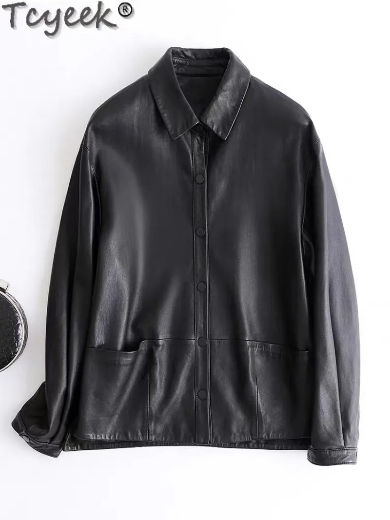 Tcyeek Echt lederjacke Frauen Herbst Echt Schaffell Mäntel Schwarz Ledermantel Damen bekleidung Loose Fit Jaqueta de Couro