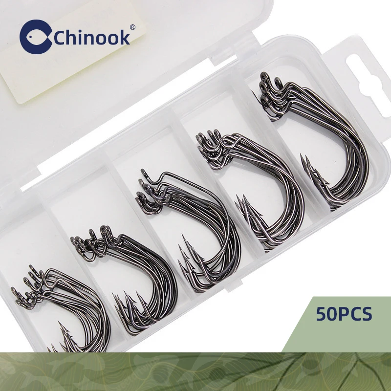 Chinook 50 Uds. Anzuelo texano de gusano ancho anzuelo compensado de acero al carbono anzuelo de pesca de carpa con púas para lubina 3/0 # -2 #   Para anzuelo EWG con plantilla de gusano suave