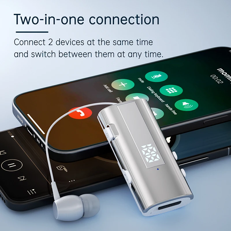 2IN1 Bluetooth 6.0 Lavalier Business Wireless Headset Remote Selfie Camera LED Digital Display With Mic HiFi Music 50h Call 30h