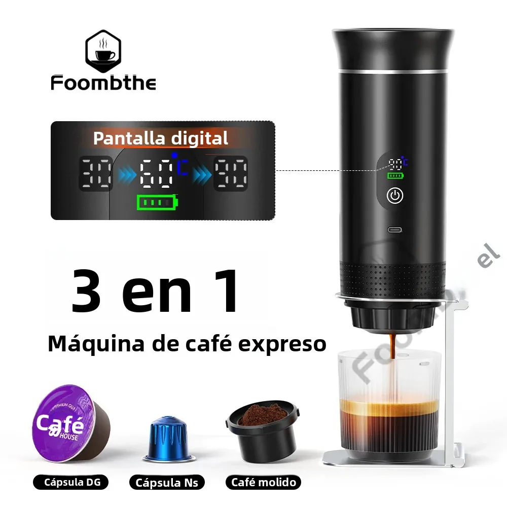 Cafetera eléctrica portátil inalámbrica Foombthe para coche y camping, con depósito de agua de 80 ml, pantalla digital, 3 en 1, para cápsulas de café en polvo y viajes.