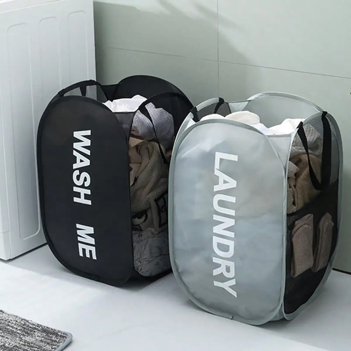 Cesto de lavandería emergente de malla portátil, cesta de lavandería plegable y transpirable de apertura amplia que ahorra espacio, artículos de baño de viaje para dormitorio