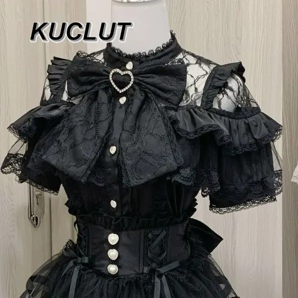Japanisches Mine-Lolita-Schleifenhemd, subkulturelle Hemden, weiblich, niedliche schwarze und weiße Spitze, langärmelige Kurzarmbluse für Damen