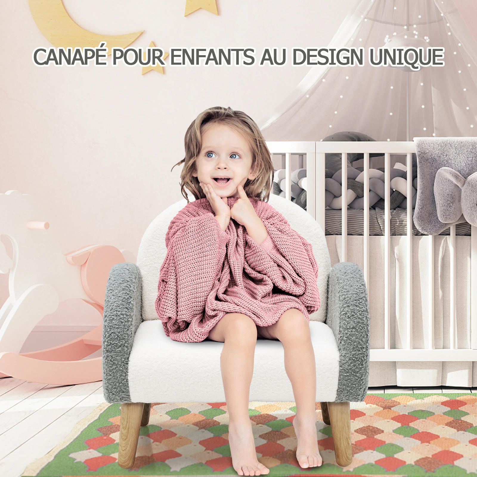 Fauteuil Enfant en Peluche avec Dossier & accoudoir Confortable, Canapé Chaise Enfant avec Joli Motif Arc-en-Ciel, Charge 50kg pour Garçon Fille de 3-5 Ans