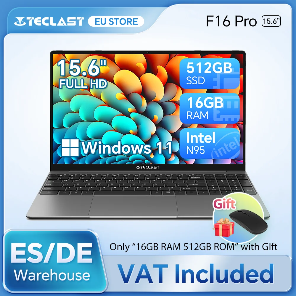 TECLAST-F16Pro Laptop com teclado retroiluminado, Computadores, CPU Intel N95, IPS FHD 1080P Screen, WiFi 6, BT 5.0, USB 3.2, 16GB de RAM, 512GB SSD, 15.6"