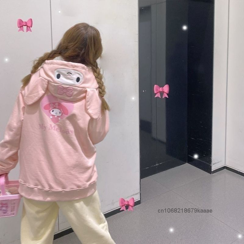 SANRIO Kuromi Cinnamoroll เสื้อมีฮู้ดปอมปอมพูรินสไตล์ญี่ปุ่นเสื้อโค้ทลำลองทรงหลวมแฟชั่นผู้หญิง Y2k น่ารักเด็กผู้หญิง