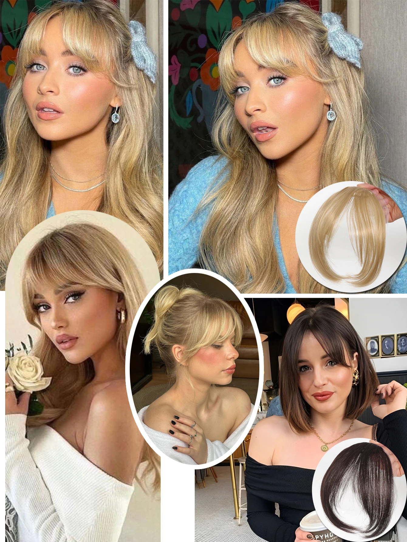 Peluca de síntesis, flequillo de parte media, extensiones de cabello con Clip en la frente, flequillo oblicuo francés Natural sin costuras, flequillo de ocho caracteres