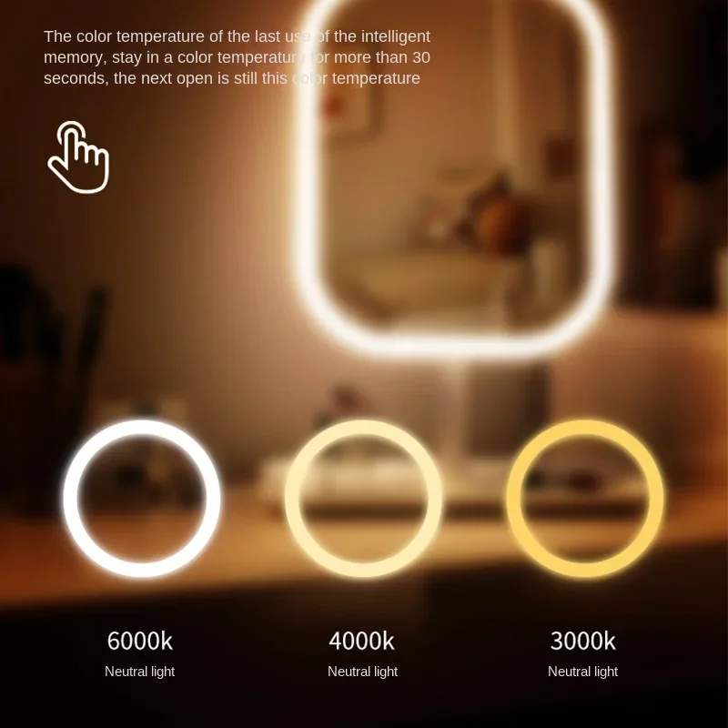 กระจกโต๊ะเครื่องแป้งเดสก์ท็อป 3 สีหรี่แสงได้ไฟ LED แต่งหน้ากระจกแตะกระจกผู้หญิงห้องนอนกระจกแต่งตัว
