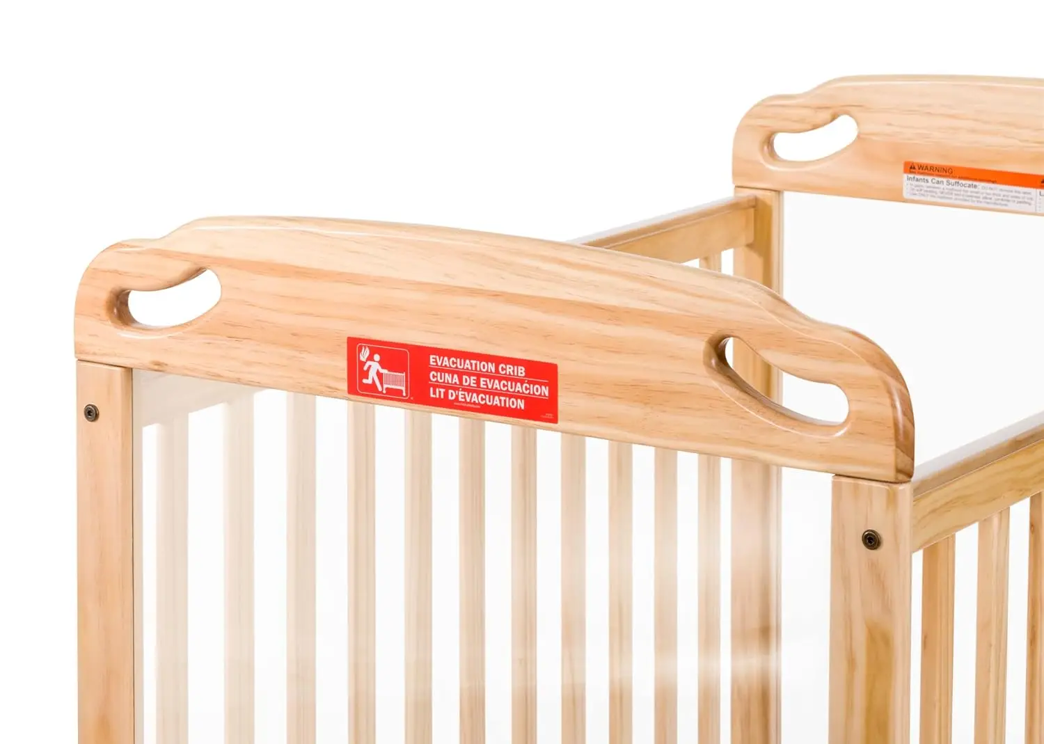 Safe Haven Daycare Evacuation Wooden Compact Portable Crib with 4" Casters, Features Clearview End Panels, Durable Wood