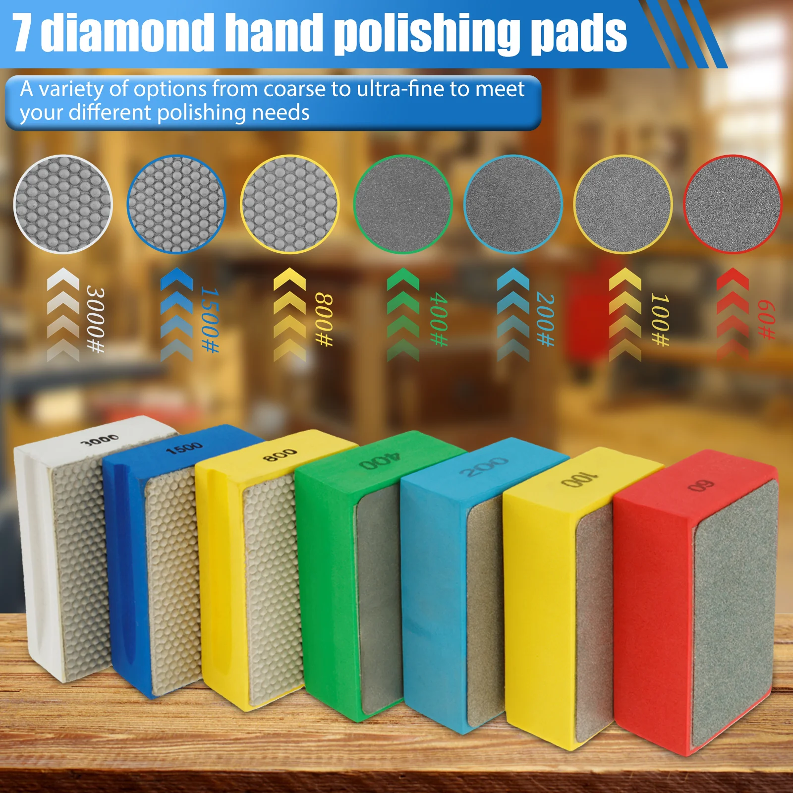 7/4PCS Diamond Hand Polishing Pads 60-3000 Grit  Abrasive Grinding Block Pad Wet  Dry Sanding Block with Sponge for Glass Tile