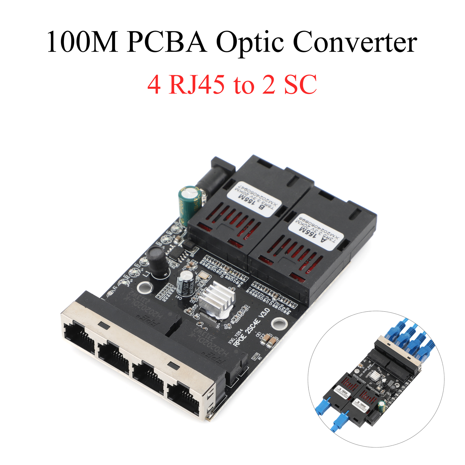 100M konwerter światłowodowy 4 RJ45 na 2 SC A+B złącze optyczne 1310nm/1550nm porty PCBA Board 20KM Ethernet Switch czarny