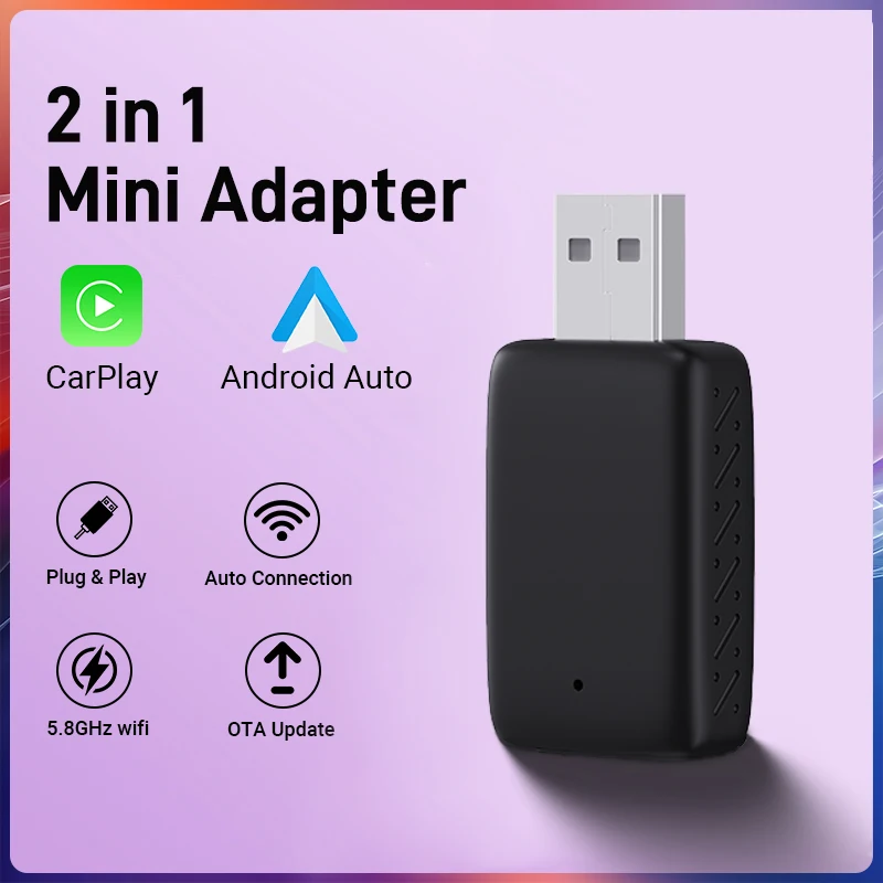 Nuevo Mini adaptador inalámbrico Carplay 2 en 1 y adaptador inalámbrico Android Auto con cable a Plug And Play inalámbrico para coches OEM 99%