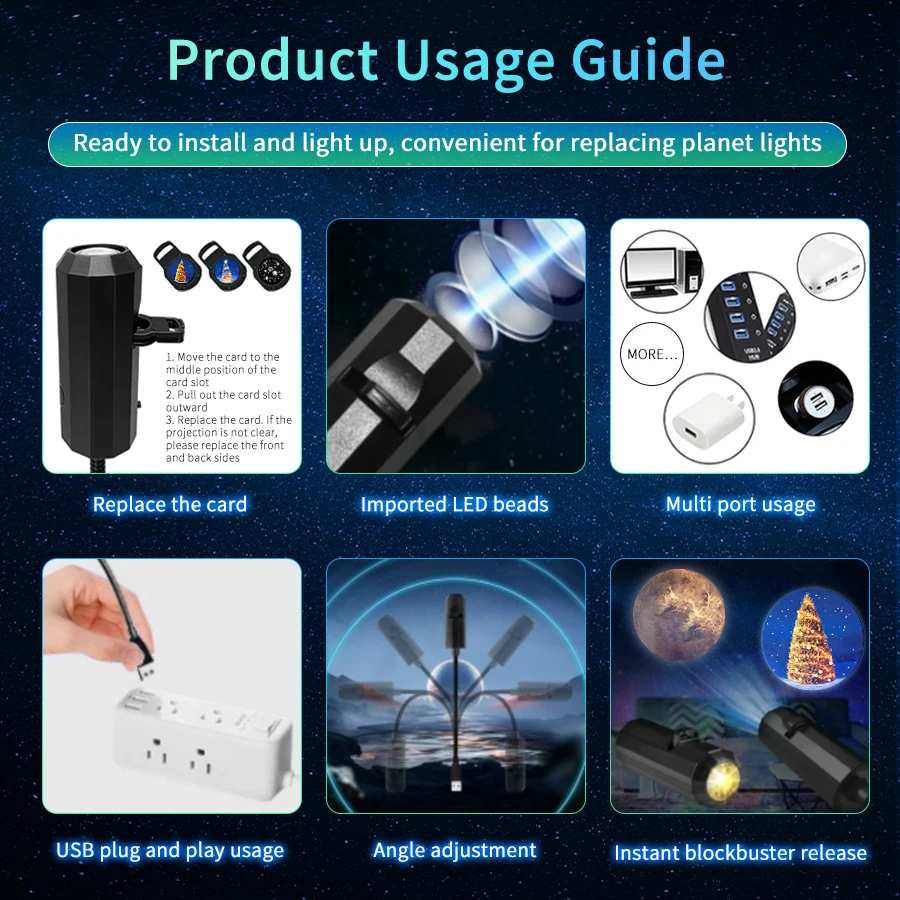 โคมไฟฉายโปรเจคเตอร์ขนาดเล็กแบบ USB ลายใหม่ล่าสุด สำหรับเทศกาลฮาโลวีน/คริสต์มาส/ธีมดาวเคราะห์  ไฟสร้างบรรยากาศ ลายเปลี่ยนได้ ของตกแต่งเทศกาล ของขวัญ