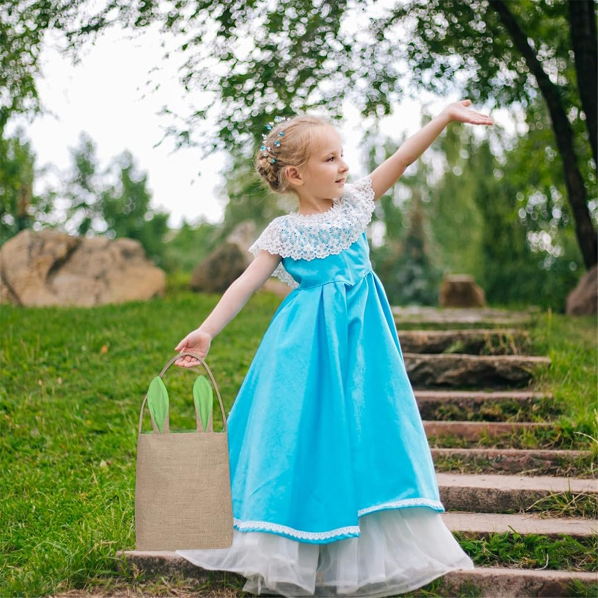 BABQ Saco de cesta de Páscoa - Design de orelha de coelho - Cestas de compras de mercearia Sacos de presente de festa infantil Marrom-Azul