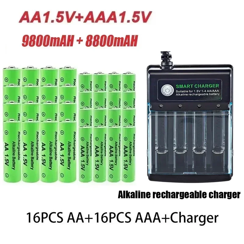 Оригинальная аккумуляторная батарея 1,5 В AA 9800 мАч + AAA 8800 мАч + зарядное устройство для компьютерных часов, радио, видеоигр, цифровая камера AA AAA