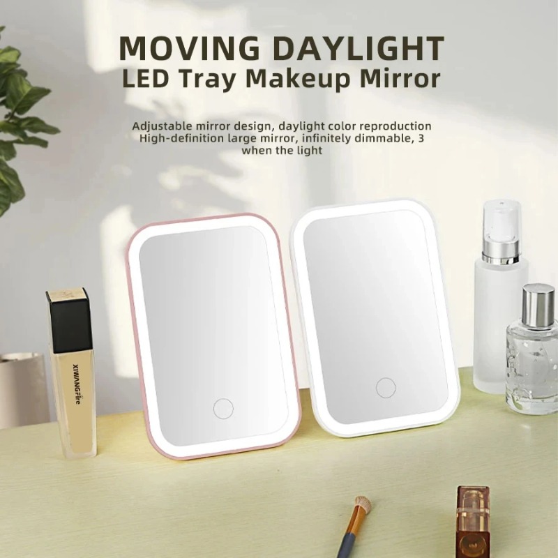 Espejo de maquillaje con pantalla táctil LED, espejo plegable, espejo de maquillaje iluminado, 3 modos de luz de colores, herramientas de espejo cosmético recargable por USB