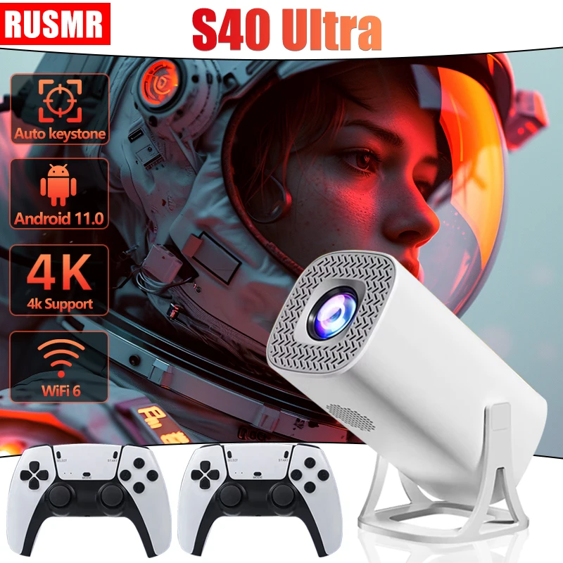RUSMR New S40 ultra mini intelligent projector: 720P gaming projector, Android 11, WiFi, 8GB and classic Ps1 console support