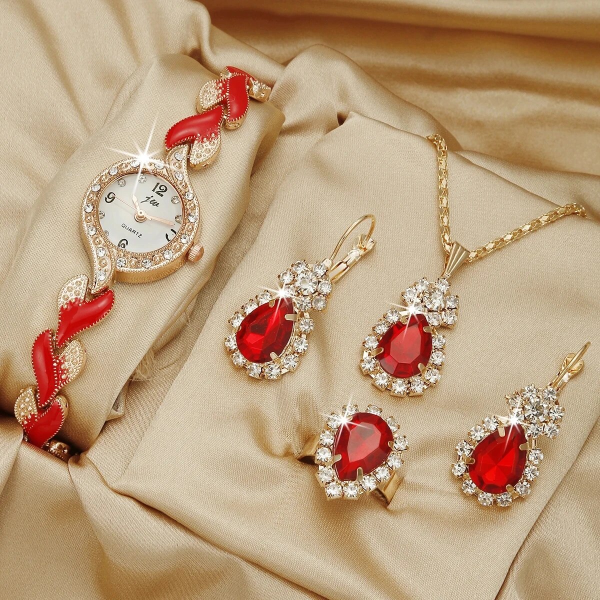 Vrouwen Horloge Hand Sieraden Set Diamant Armband Horloge + Waterdruppel Sieraden Set 5 Stks/set
