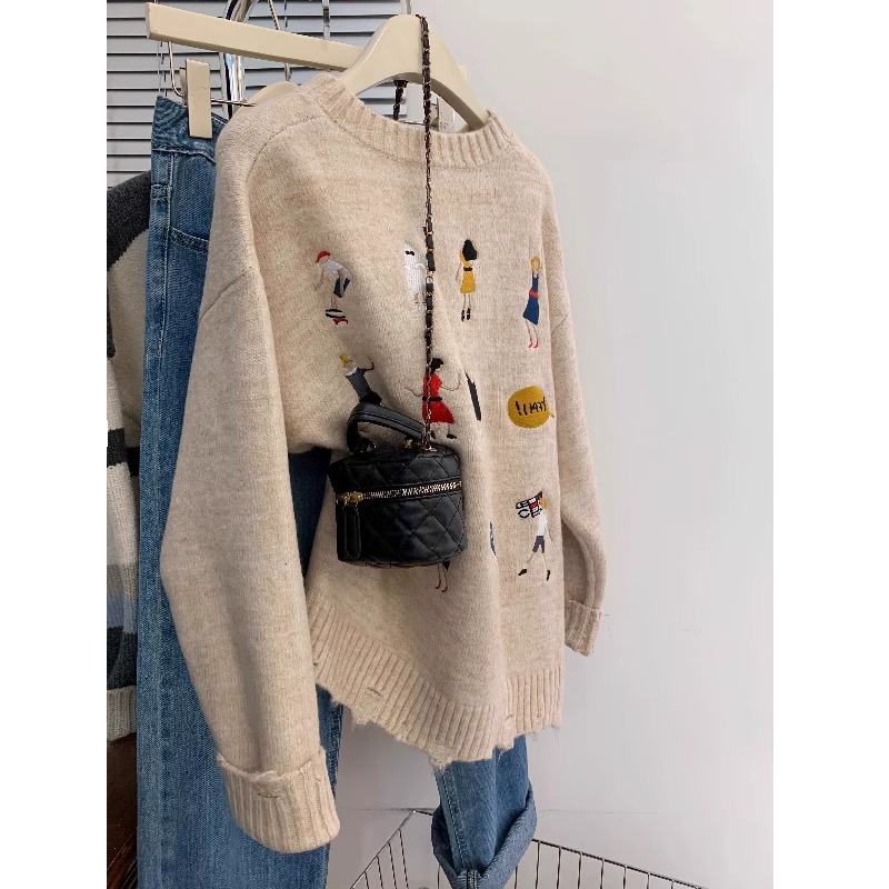 Retro Cute Cartoon Embroidery Thickened Soft Sweater Men's Autumn Winter Knitted Top Youth Casual Long Sleeve Crew Neck Sweat...