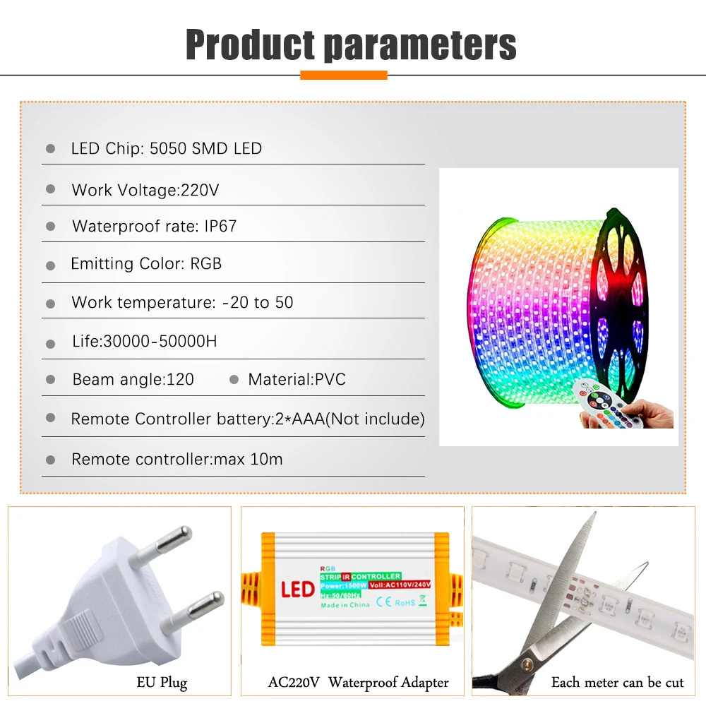 Tira de luces LED RGB de 220V, resistente al agua/multicolores/multimodos/lámpara de cuerda SMD5050 regulable con control remoto/enchufe europeo para construcción de jardín