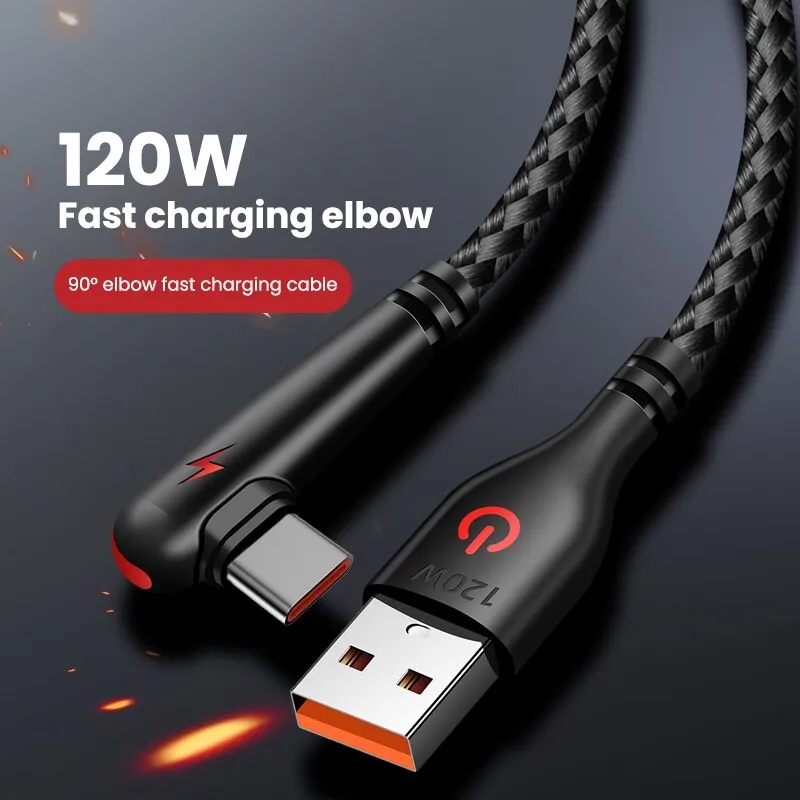 Cable de carga rápida USB tipo C de codo de 90 grados para Huawei Mate 60 50 40 P60 P50 Honor Xiaomi Redmi POCO 120W Cable de cargador rápido