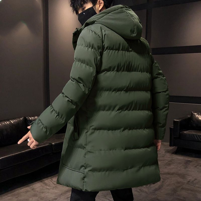 Parkas de manga comprida com capuz masculino jaquetas longas de inverno algodão acolchoado com cordão jaqueta corta-vento de comprimento médio para uso diário