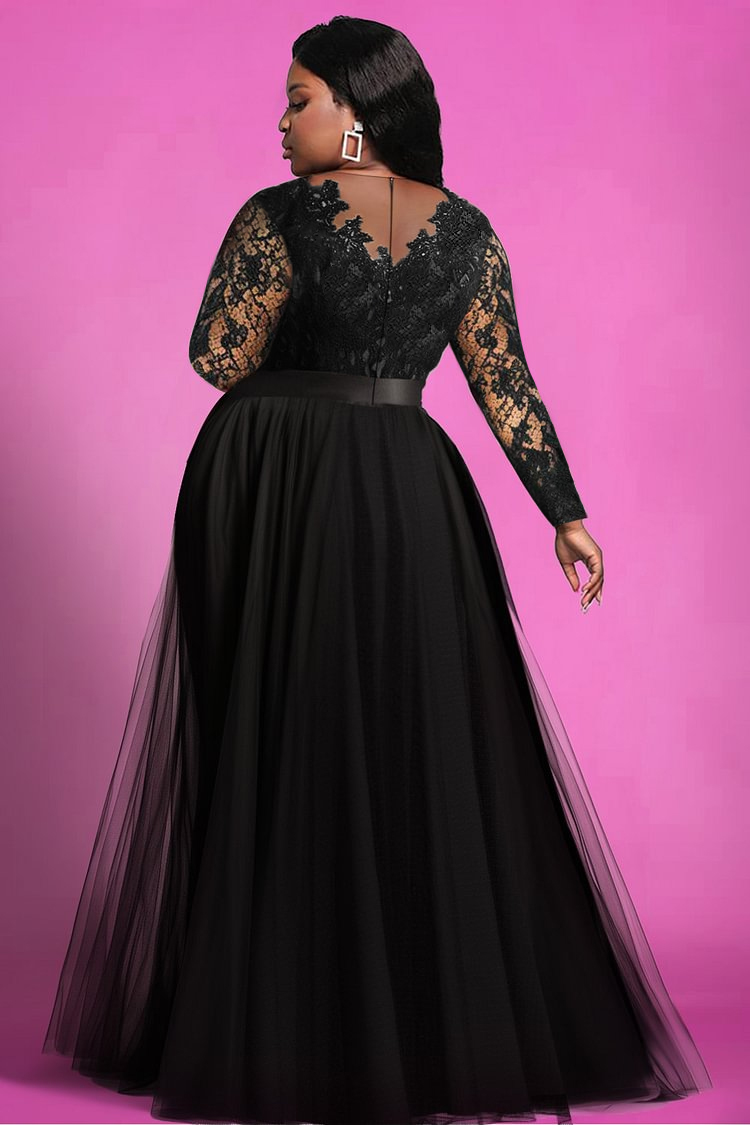 Damen-Kleid in Übergröße, Spitze, durchsichtig, Netzstoff, geteilter Saum, hohe Taille, elegantes Hochzeitsgast-Langarmkleid mit V-Ausschnitt, Abend-Maxikleid