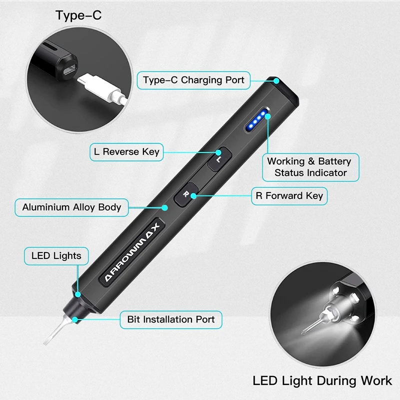 ARROWMAX Điện Mini Bộ Tua Vít 28 Trong 1 Từ Tính Chính Xác Bit (SES Mini Đen) Sạc Không Dây Vặn Vít