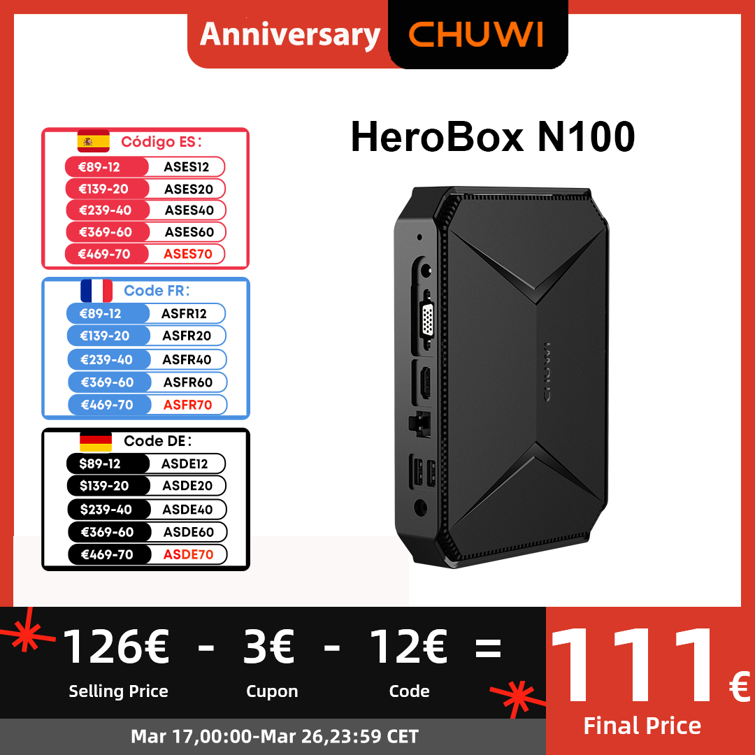 CHUWI Herobox Mini PC Intel 12th N100 czterordzeniowy 8GB LPDDR5 256G SSD Windows 11 Wifi 6 Bluetooth 5.2 Wtih Port HD Port VGA 3.5mm