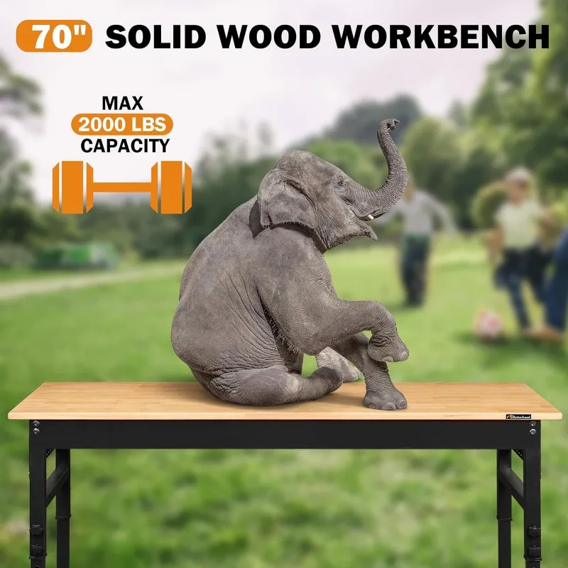 70" Adjustable Workbench on Wheels, 2000 LBS Heavy Duty Work Table with Power Outlets & Pegboard, Rubber Wood Workstation
