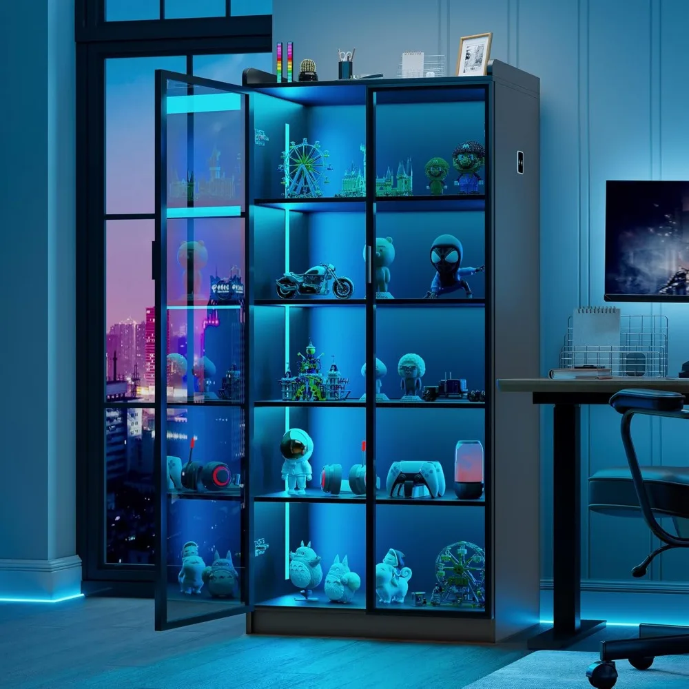 66" Display Cabinet with LED Lights, 5 Tier Curio Cabinet Bookcase with Adjustable Shelves, Tall Storage Cabinet with Human Bod