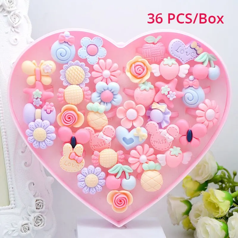 36Pcs Kids Cute Rings resina Cartoon Jewelry anello regolabile a forma di fiore Set accessori creativi regali per ragazze