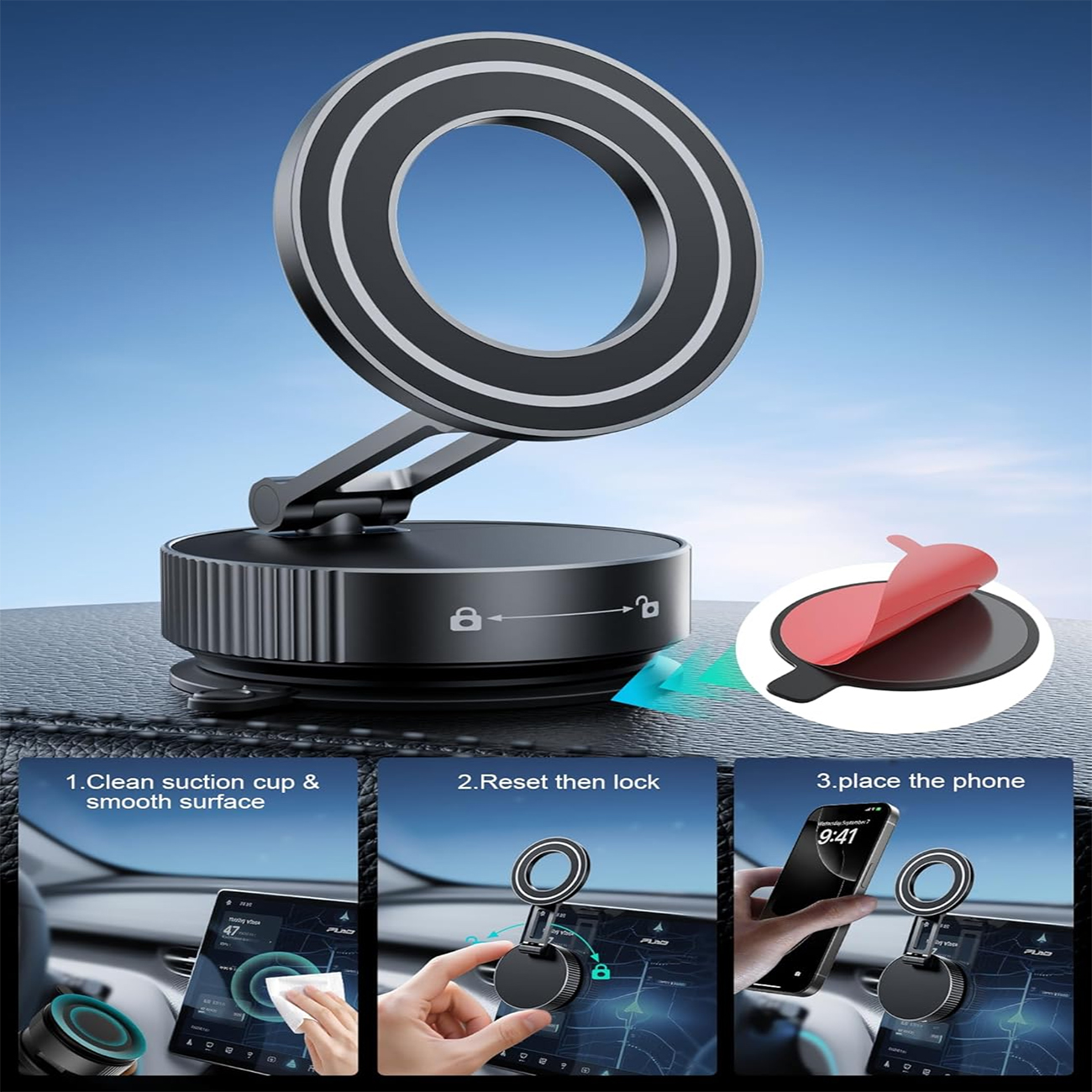 360° Foldable Vacuum Magnetic Phone Holder, Magnetic Car Phone Mount, Hands-Free Suction Cup Phone Holder for Smooth Surface