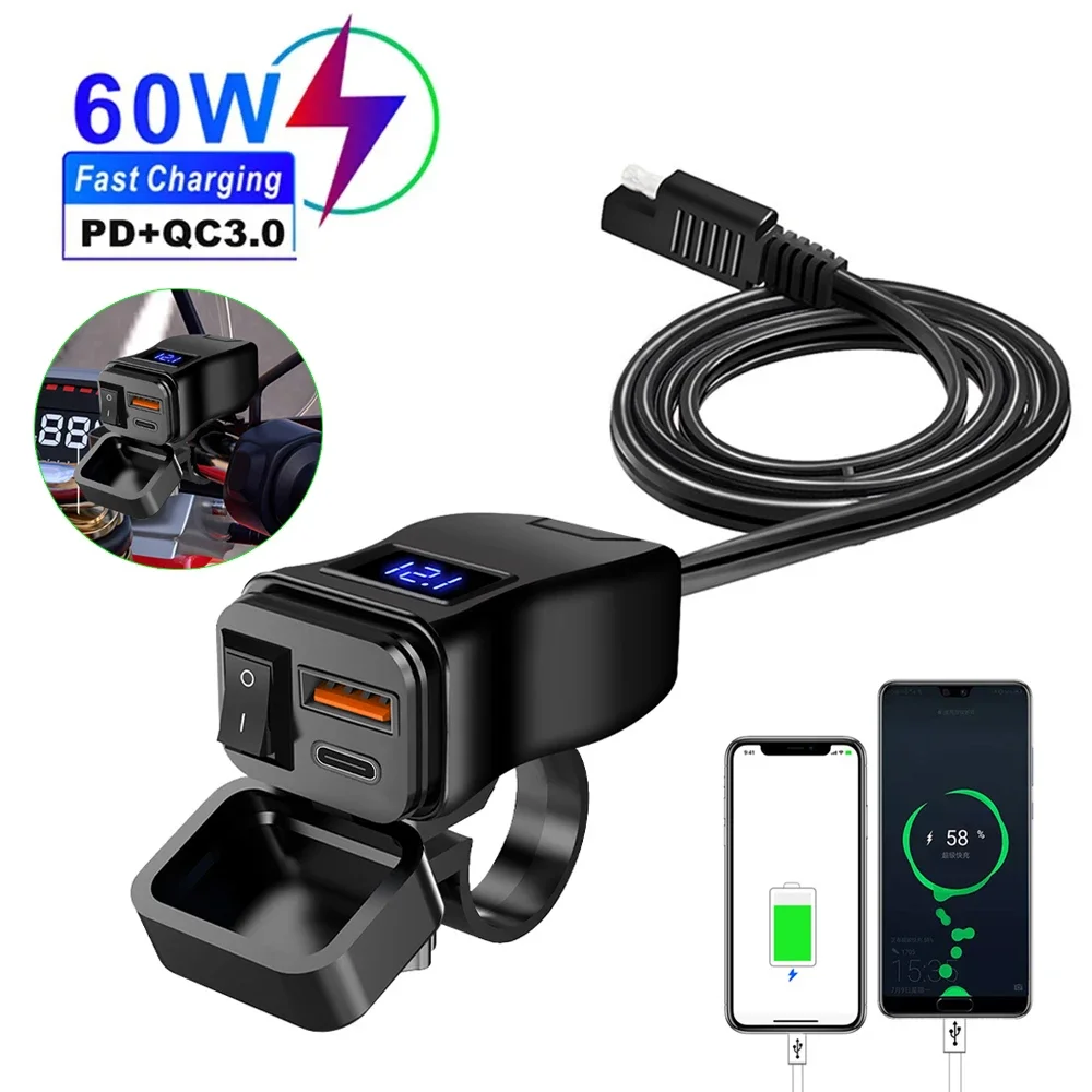 PD QC3.0 cargador rápido USB para motocicleta, manillar de 60W, enchufe USB Dual con interruptor, voltímetro, adaptador de fuente de alimentación impermeable de 12V