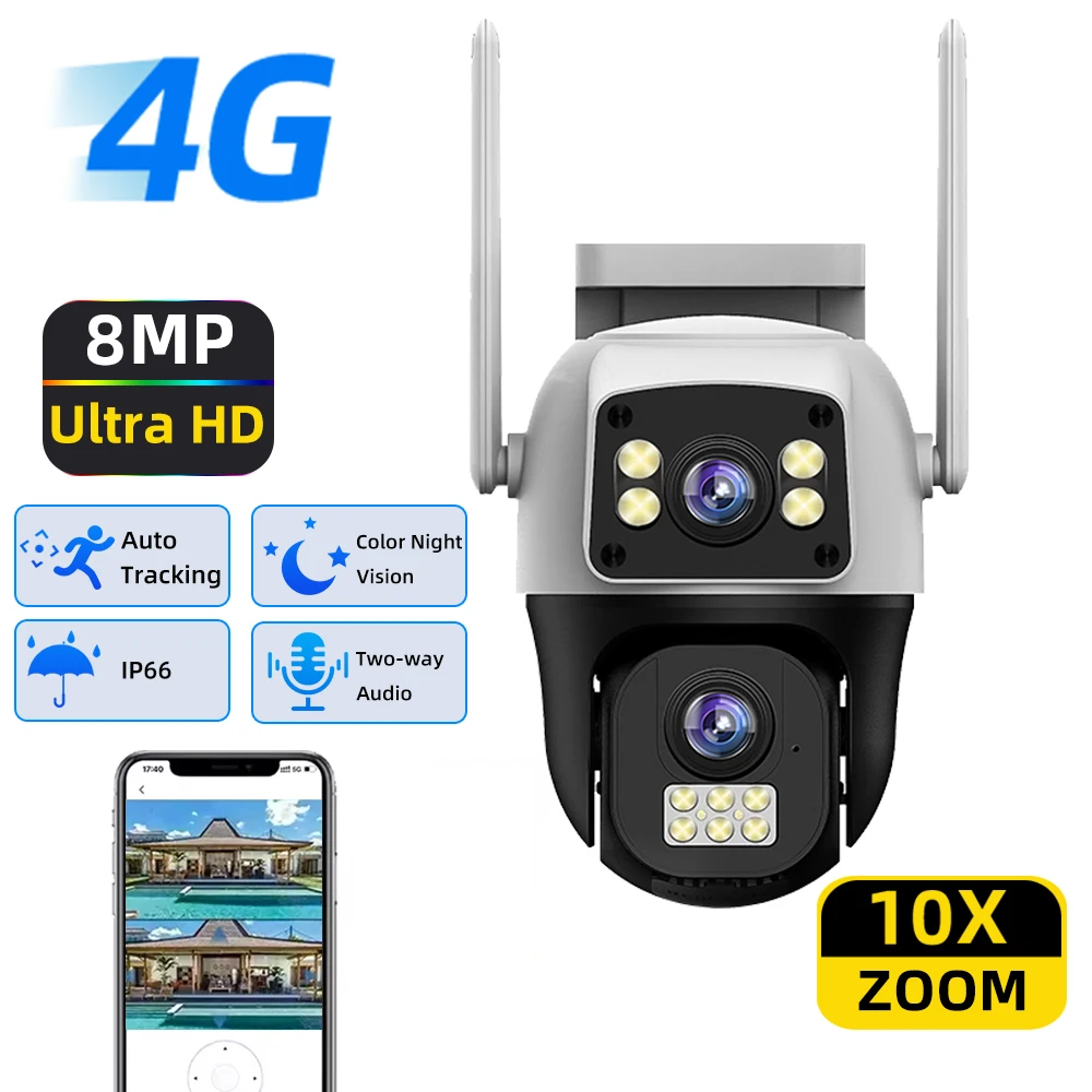 8MP 4G Kamera Dual Objektiv Dual Screen Drahtlose WiFi Outdoor Überwachung Menschliche Erkennung Sicherheit Schutz PTZ IP Kameras