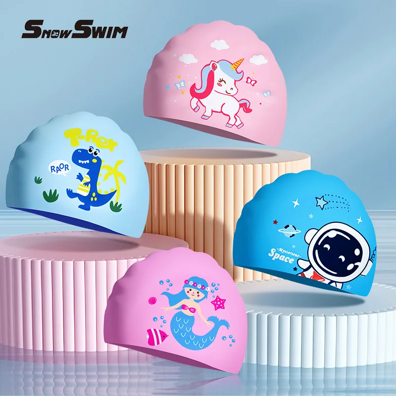 Gorro de natación para niños, equipo de natación de silicona con dibujos animados para niños y niñas, protección para los oídos impermeable de pelo largo, bonito gorro de natación